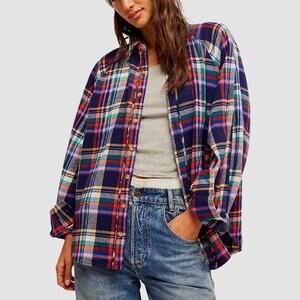 We The Free Girl Meets Boy Plaid Shirt L, Oversized Flannel Top NWT $148